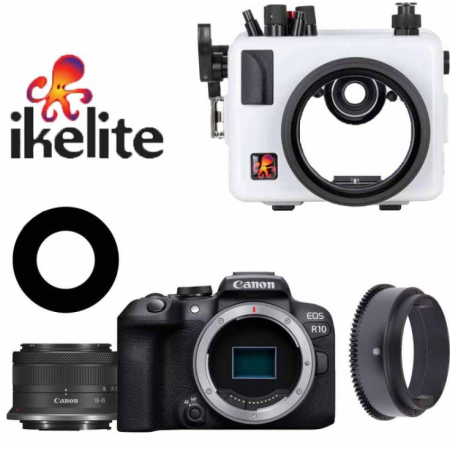 Ikelite housing dive pack + Canon EOS R10 camera with RF-S 18-45 mm lens + Zoom ring + Anti-reflection ring